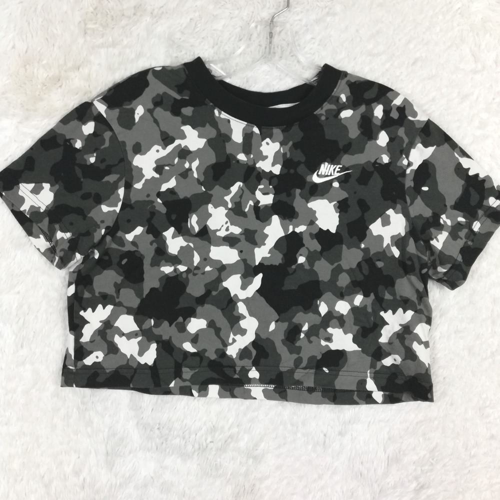 Nike Womens Top Short Sleeve Crop Black White‎ Camo Print Sportswear S